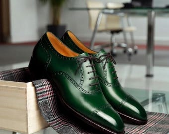 Handmade Green Leather Oxford Shoes, Cap Toe Brogue Dress Shoes