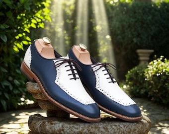Handmade Two-Tone Leather Wingtip Oxfords – Navy Blue & White Brogue Shoes