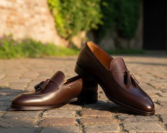 Handmade Brown Leather Tassel Loafers, Classic Men's Dress Shoes