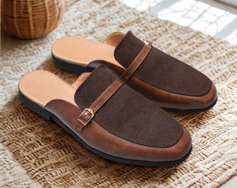 Handmade Brown Leather & Suede Slip-On Mules – Stylish Backless Loafers for Men By ZeeStore313