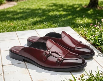 Handmade Burgundy Leather Mule Loafers, Men's Backless Monk Strap Dress Shoes