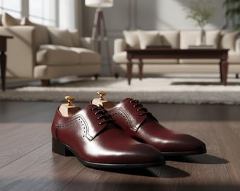 Handmade Maroon Leather Oxford Shoes: Men's Pointed Toe Dress Shoes