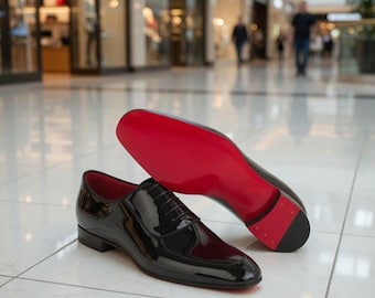Black Patent Leather Oxford Dress Shoes, Red Sole Formal Wedding Footwear