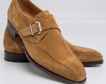 Tan Suede Monk Strap Shoes, Men’s Dress Shoes, Cognac Leather Buckle Loafers