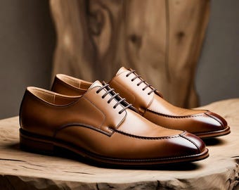 Men's Tan Leather Derby Shoes | Cap Toe Dress Footwear, Formal Lace-Up Oxfords