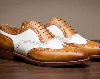 Handmade Two-Tone Leather Spectator Shoes, Wingtip Brogue Oxfords