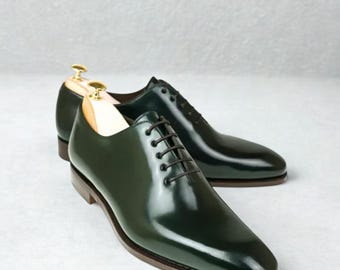 Handmade Green Leather Oxford Shoes: Men's Wholecut Dress Shoes