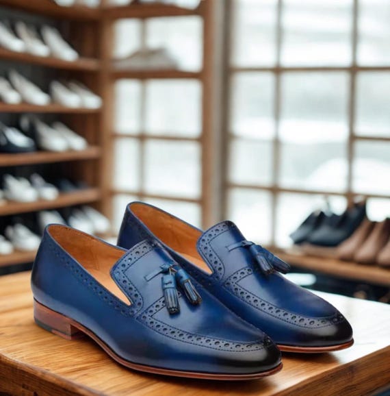 Handmade Blue Leather Tassel Loafers: Men's Brogue Slip-On Dress Shoes By ZeeStore313