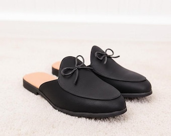 Men's Black Leather Bow Mule Loafers, Backless Slip On Dress Shoes