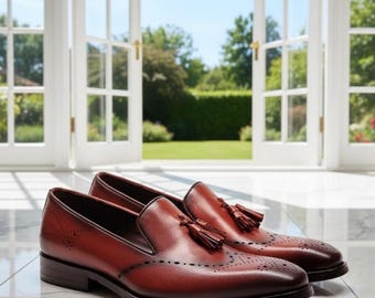 Handmade Men’s Burgundy Leather Loafers | Tassel Slip-On Dress Shoes | Wedding & Formal Footwear