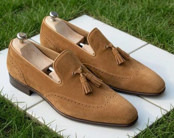 Men’s Suede Tassel Loafers, Handmade Leather Dress Shoes, Wingtip Brogue Loafers, Custom Made Shoes, Formal Wedding Shoes