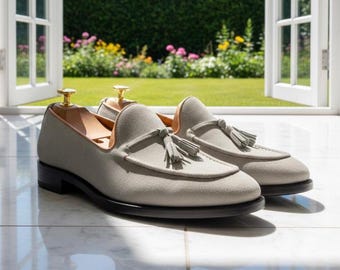 Handmade Grey Suede Leather Tassel Loafers Formal Dress Shoes Mens zs313