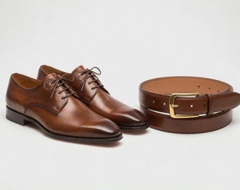 Men's Brown Leather Derby Shoes & Belt Set – Classic Lace-Up Oxfords, Gold Buckle Formal Belt