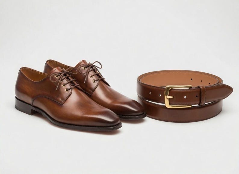 Op de afbeelding: Een paar bruine leren geklede schoenen met bijpassende veters en een bruine leren riem met een goudkleurige gesp. De schoenen en riem worden op een witte achtergrond getoond.