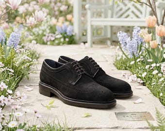 Black Leather Brogue Oxford Shoes, Handmade Wingtip Dress Shoes for Men