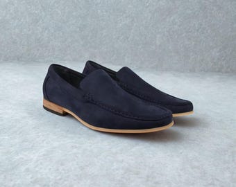 Mocasines de ante azul: Mocasines de cuero hechos a mano, moda masculina
