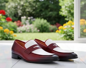 Handmade Leather Penny Loafers: White & Red Slip-On Dress Shoes