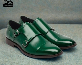 Green Leather Double Monk Strap Shoes | Men's Cap-Toe Dress Footwear