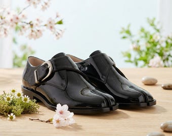 Black Patent Leather Monk Strap Shoes, Handmade Men's Dress Shoes, Formal Wedding Shoes, Leather Business Footwear