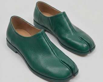 Green Leather Tabi Shoes, Handmade Split Toe Loafers, Custom Men's Shoes