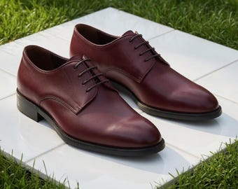 Handmade Burgundy Leather Derby Shoes, Men's Oxford Dress Formal Wedding Footwear