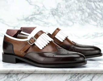 Handcrafted Two-Tone Leather Monk Strap Shoes with Brogue Detailing