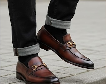 Handmade Leather Horsebit Loafers: Brown Patina Italian Style