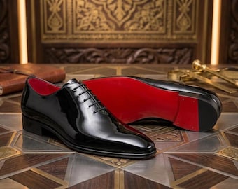 Black Patent Leather Oxford Shoes, Handmade Men’s Dress Shoes, Formal Wedding Shoes, Red Sole Custom Footwear