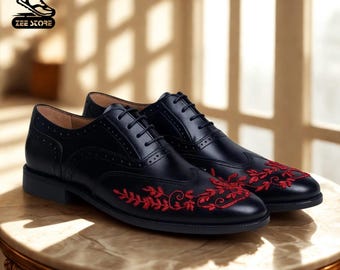 Handmade Black Leather Oxford Shoes: Red Floral Embroidered Brogue By ZeeStore313
