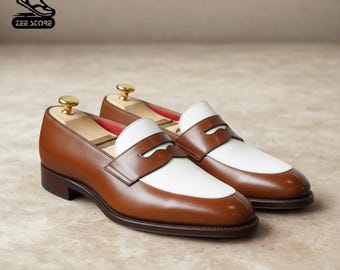 Handgefertigte Zweifarbige Leder Penny Loafers: Braune & Weisse Slip-Ons