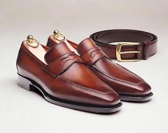 Ręcznie robiony skórzany zestaw mokasynów i paska | Brązowe buty wizytowe męskie | Klasyczne obuwie wsuwane