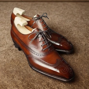 Handmade Brown Leather Oxford Brogue Shoes: Wingtip Dress Shoes