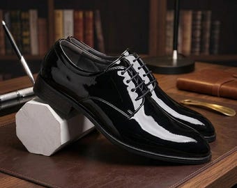 Men's Black Patent Leather Oxford Dress Shoes, Handmade Glossy Formal Wedding Footwear