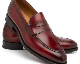 Ręcznie robione bordowe mokasyny Penny dla mężczyzn, włoskie skórzane buty wizytowe, mokasyny na zamówienie, eleganckie buty wsuwane, buty ślubne, prezent