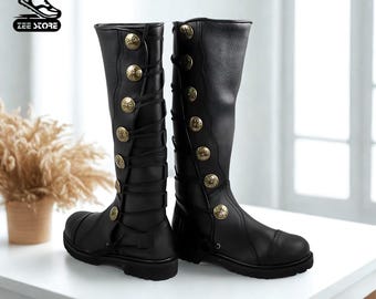 Handmade Black Leather Steampunk Boots: Brass Button Gothic Cosplay