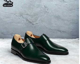 Handmade Dark Green Leather Monk Strap Shoes | Formal Office Footwear