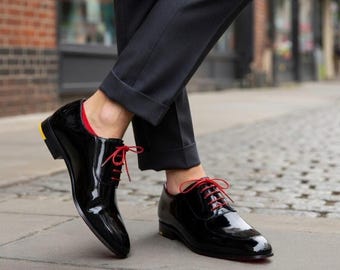 Handmade Black Patent Leather Oxford Shoes – Red Laces Formal Wedding Footwear