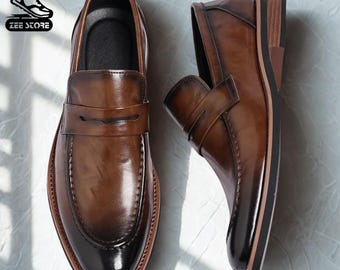 Men’s Brown Leather Loafers – Handmade Formal Slip-On Dress Shoes, Classic Penny Loafers