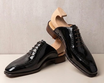 Handmade Black Patent Leather Backless Shoes for Men | Luxury Formal Dress Shoes | Wedding Oxfords | Custom Leather Shoes | Gift for Him