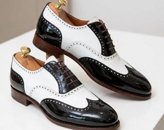 Handmade Spectator Oxford Shoes Men, Black White Wingtip Brogue Dress Shoes, Leather Oxford Lace Up, Wedding Formal Shoes