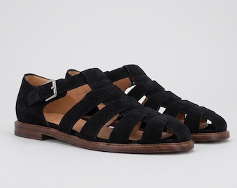 Black Suede Fisherman Sandals, Leather Sole Sandals, Men's Summer Shoes, Strappy Buckle Sandals, Minimalist Flat Sandals