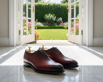 Handmade Burgundy Patina Oxford Shoes | Men's Full-Grain Leather Dress Shoes