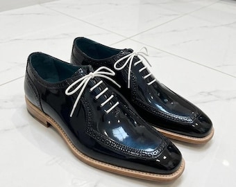 Black Patent Leather Oxford Shoes, Men’s Wingtip Brogue Dress Shoes, Handmade Wedding Shoes
