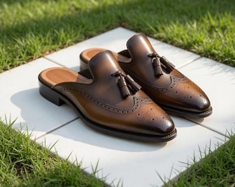 Men's Brown Leather Tassel Mule Loafers, Brogue Backless Dress Shoes