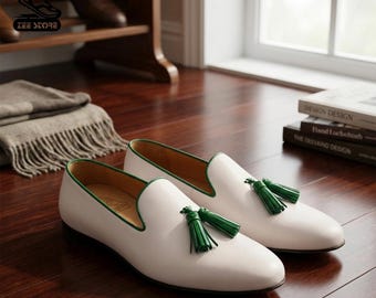 Handmade White Leather Tassel Loafers – Men's Green Trim Dress Shoes
