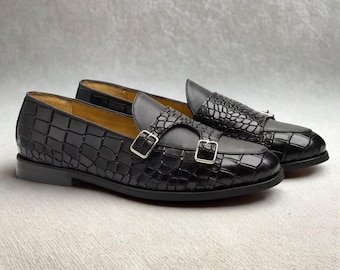 Handmade Crocodile Leather Loafers: Men's Luxury Buckle Slip-Ons