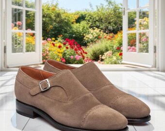 Handmade Suede Single Monk Strap Shoes – Taupe Leather Dress Shoes for Men