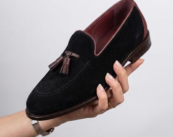Black Suede Tassel Loafers Men, Burgundy Trim Leather Loafers, Handmade Slip On Dress Shoes, Italian Style Penny Loafers Gift for Him