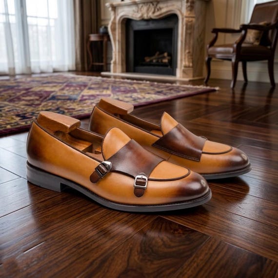 Hand-painted Two Tone Leather Monk Strap Loafers, Brown Tan  display picture 3