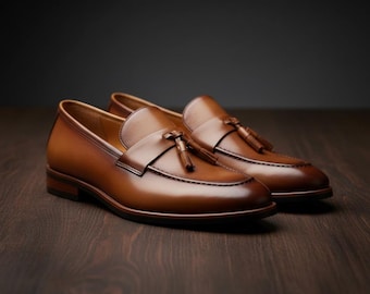 Handmade Men’s Brown Tassel Loafers | Genuine Leather Dress Shoes | Classic Formal Slip On Shoes